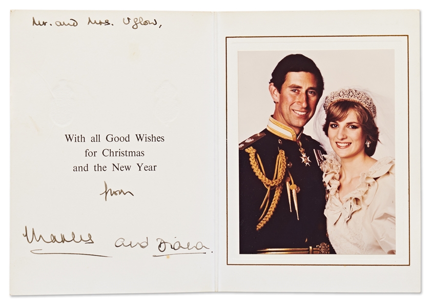 Princess Diana and Prince Charles Signed Christmas Card from 1981 -- Their First Christmas Card Featuring a Photo of the Couple from Their Wedding Day