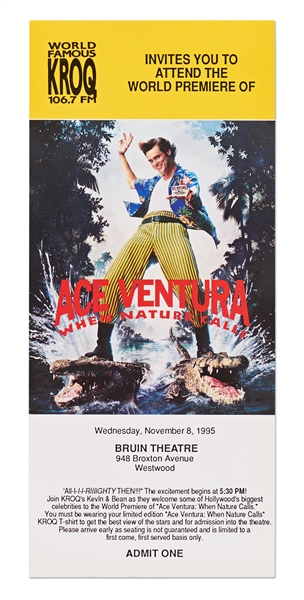 World Premiere Ticket to ''Ace Ventura: When Nature Calls'' in 1995