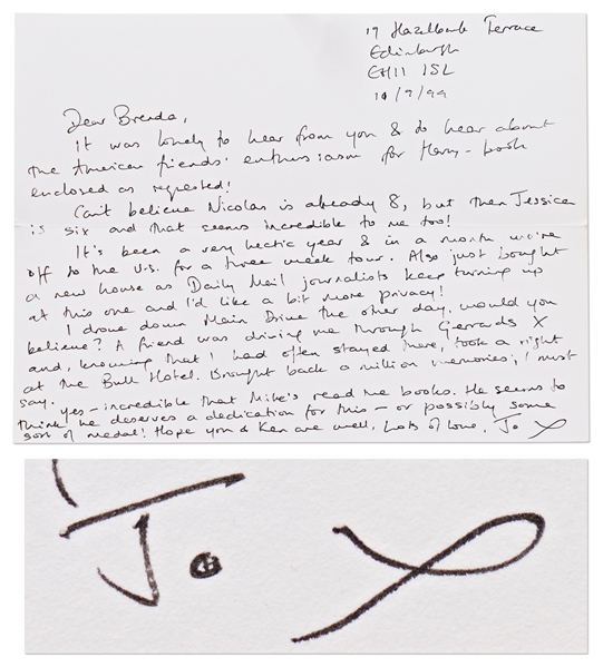 J.K. Rowling Autograph Letter Signed from 1999 on the Crest of Fame from Harry Potter -- ''...a very hectic year...Daily Mail journalists keep turning up...and I'd like a bit more privacy!...''