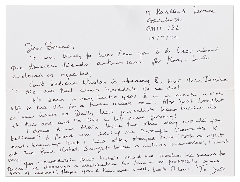 J.K. Rowling Autograph Letter Signed from 1999 on the Crest of Fame from Harry Potter -- ''...a very hectic year...Daily Mail journalists keep turning up...and I'd like a bit more privacy!...''