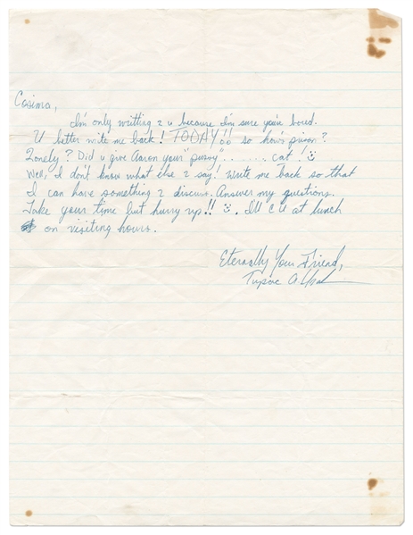 Tupac Shakur Autograph Letter Signed to His High School Sweetheart Cosima Knez After They Broke Up -- ''Eternally Your Friend, Tupac A. Shakur''