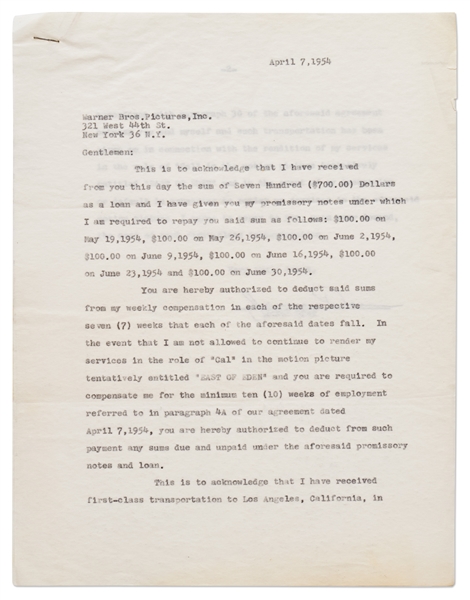 James Dean Signed Agreement with Warner Brothers from April 1954 -- Dean Agrees to Repay a Loan Just Before He Started Filming ''East of Eden''