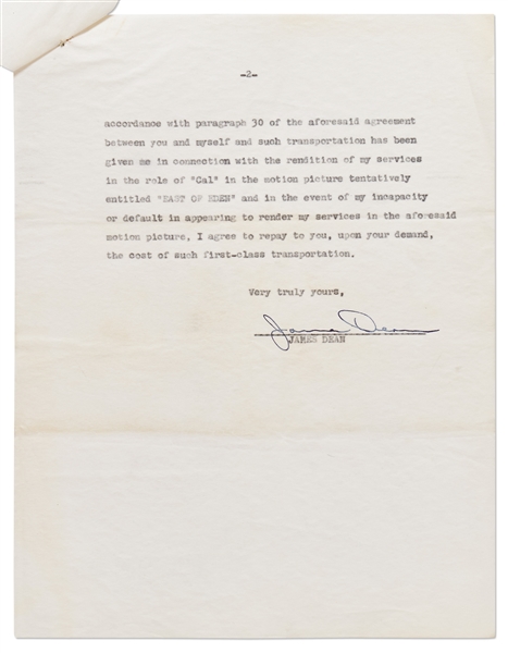 James Dean Signed Agreement with Warner Brothers from April 1954 -- Dean Agrees to Repay a Loan Just Before He Started Filming ''East of Eden''