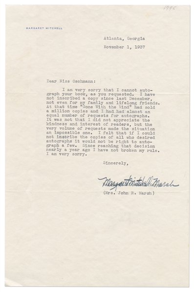 Margaret Mitchell Letter Signed with ''Gone With the Wind'' Content -- ''...'Gone With the Wind' had sold a million copies and I had had almost an equal number of requests for autographs...''