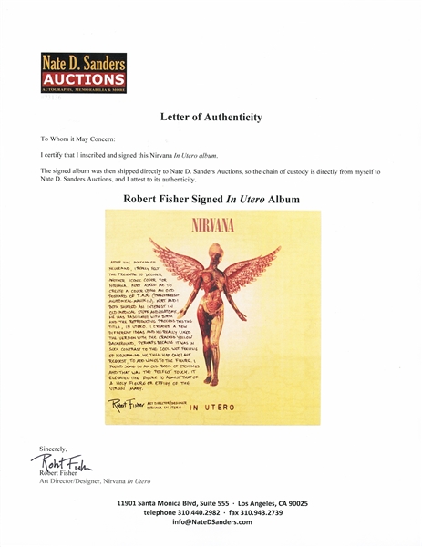 Nirvana's ''In Utero'' LP Record Album, with a Signed Description by Art Director Robert Fisher Regarding the Famous Cover Artwork