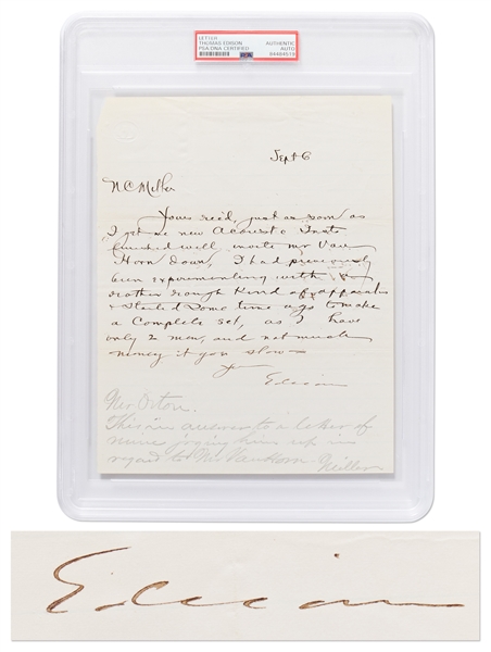 Thomas Edison Autograph Letter Signed -- ''...I have only 2 men, and not much money...'' -- PSA/DNA Encapsulated