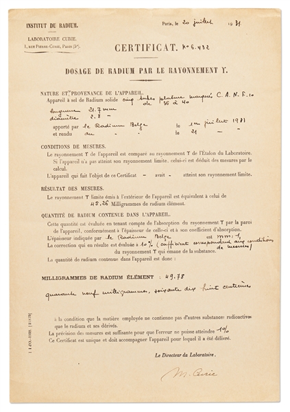 Marie Curie Signed Document From Her ''Institut du Radium'' Laboratory -- Curie Signs Off on an Experiment in Her Lab