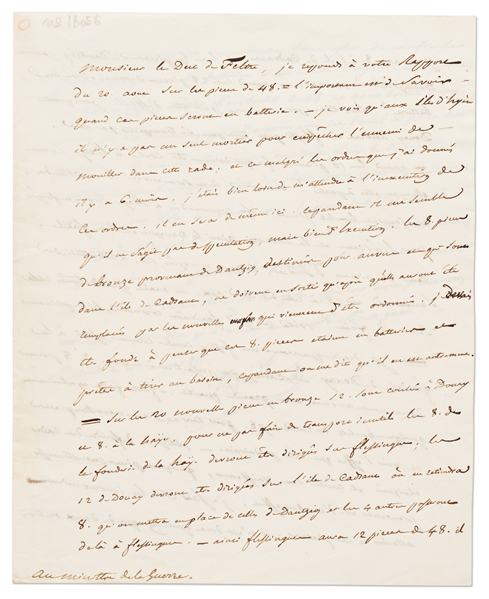 Napoleon Bonaparte Autograph Letter Signed with His Full Signature of Napoleon -- Napoleon Writes a Detailed Letter to His Minister of War Regarding Defense of the French Empire