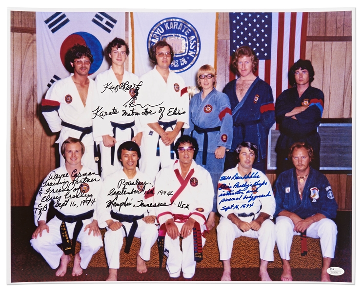 Elvis Presley's Karate Instructors Kang Rhee, Wayne Carman & Dave Hebler Signed 20'' x 16'' Photo with Elvis -- With JSA COA