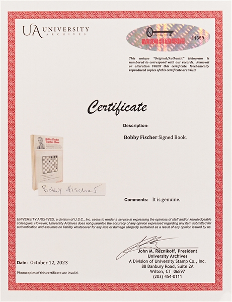 Bobby Fischer Signed First Edition of ''Bobby Fischer Teaches Chess'' -- With University Archives COA