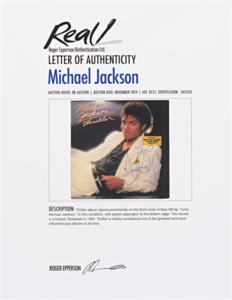 Michael Jackson Signed ''Thriller'' Album -- Michael Writes ''Love / Michael Jackson'' Without Inscription -- With Epperson and R&R COAs