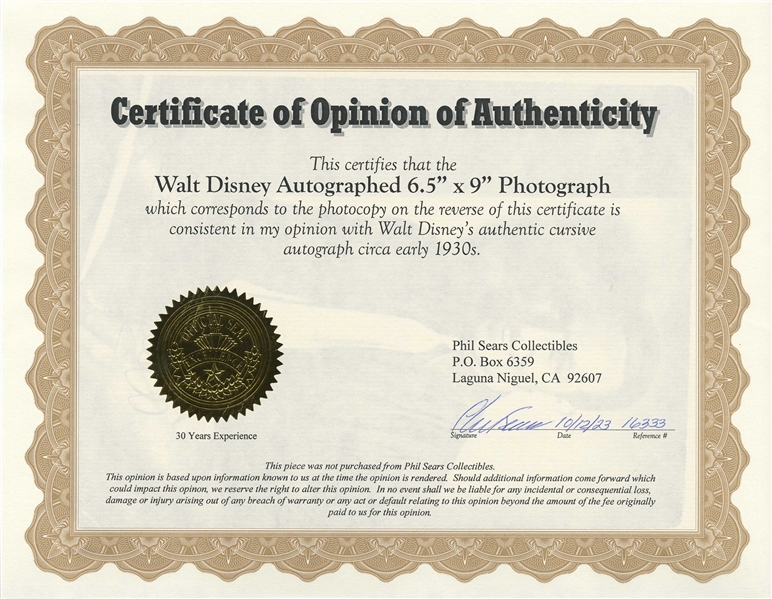 Walt Disney Signed 6.5'' x 9'' Photo Without Inscription from the Early 1930s -- With Phil Sears COA