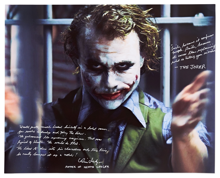 Large 20'' x 16'' Photo of Heath Ledger as The Joker, with Handwritten Reflections by Heath's Father -- ''...He galvanised the upcoming craziness...''