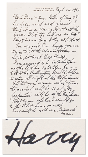 Harry Truman Autograph Letter Signed to Dean Acheson -- Candid Letter Critiques the Kennedy Administration's Response to the Berlin Crisis of 1961 at the Height of the Cold War