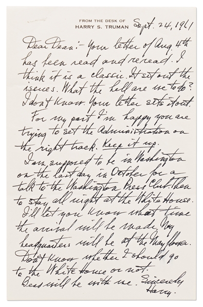 Harry Truman Autograph Letter Signed to Dean Acheson -- Candid Letter Critiques the Kennedy Administration's Response to the Berlin Crisis of 1961 at the Height of the Cold War