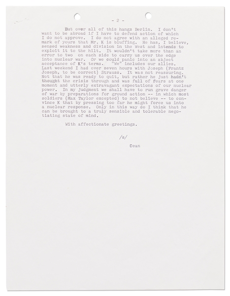 Harry Truman Autograph Letter Signed to Dean Acheson -- Candid Letter Critiques the Kennedy Administration's Response to the Berlin Crisis of 1961 at the Height of the Cold War