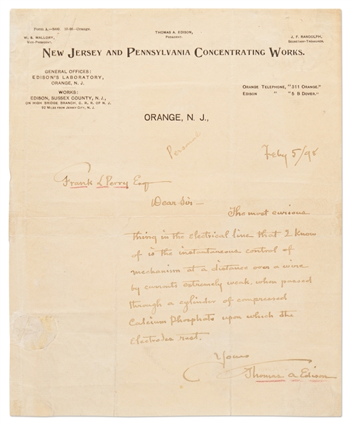 Thomas Edison Autograph Letter Signed from 1898 Regarding Conducting Electricity Through Wire