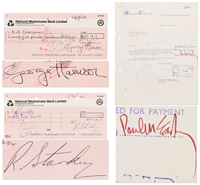 Lot of Three Documents Signed by The Beatles -- Includes 1967 Club Bill Approved for Payment by Paul McCartney