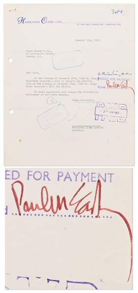 Lot of Three Documents Signed by The Beatles -- Includes 1967 Club Bill Approved for Payment by Paul McCartney