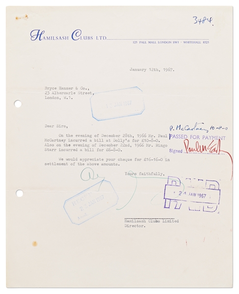 Lot of Three Documents Signed by The Beatles -- Includes 1967 Club Bill Approved for Payment by Paul McCartney