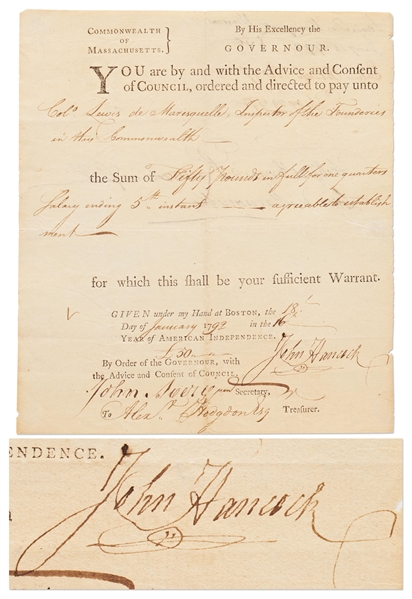 John Hancock Document Signed as Governor of Massachusetts -- Hancock Approves Payment to Colonel Lewis de Marsequelle, Supervisor of Cannon Foundries During the Revolutionary War