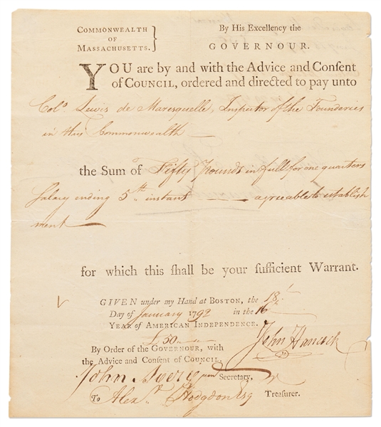 John Hancock Document Signed as Governor of Massachusetts -- Hancock Approves Payment to Colonel Lewis de Marsequelle, Supervisor of Cannon Foundries During the Revolutionary War