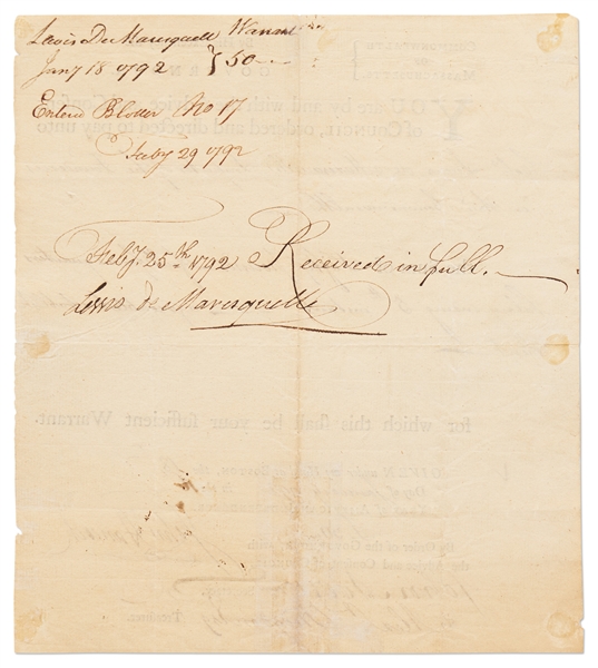 John Hancock Document Signed as Governor of Massachusetts -- Hancock Approves Payment to Colonel Lewis de Marsequelle, Supervisor of Cannon Foundries During the Revolutionary War