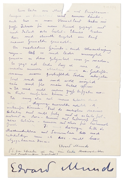 Edvard Munch Letter Signed with Additional Handwritten Postscript -- In Late 1929, Munch Reaches Out to Art Collectors