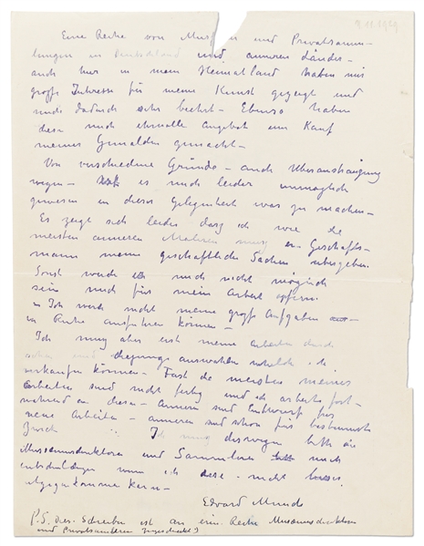 Edvard Munch Letter Signed with Additional Handwritten Postscript -- In Late 1929, Munch Reaches Out to Art Collectors