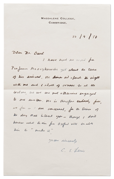 C.S. Lewis Autograph Letter Signed from 1958 Shortly After Publication of ''The Chronicles of Narnia''