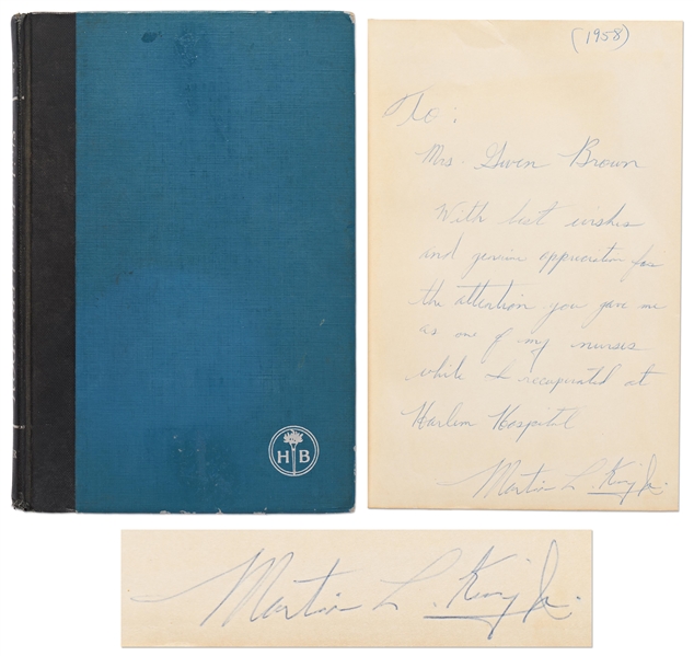 Martin Luther King Signed First Edition of ''Stride Toward Freedom'' -- Inscribed to One of the Nurses Who Attended to King After the Knife Attack on His Life in 1958