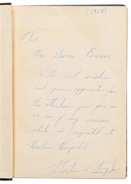 Martin Luther King Signed First Edition of ''Stride Toward Freedom'' -- Inscribed to One of the Nurses Who Attended to King After the Knife Attack on His Life in 1958