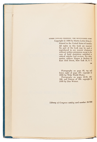 Martin Luther King Signed First Edition of ''Stride Toward Freedom'' -- Inscribed to One of the Nurses Who Attended to King After the Knife Attack on His Life in 1958