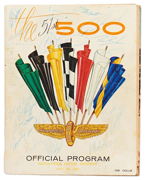 Indianapolis 500 Program Signed from 1967 -- Includes Signatures of Winner A.J. Foyt, Jim Clark, Dan Gurney & 15 Others