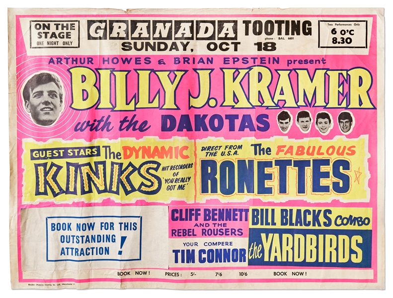 Large ''Quad'' Sized Concert Poster from 1964 Featuring the Yardbirds with Eric Clapton, the Kinks & Ronettes, Promoted by Brian Epstein