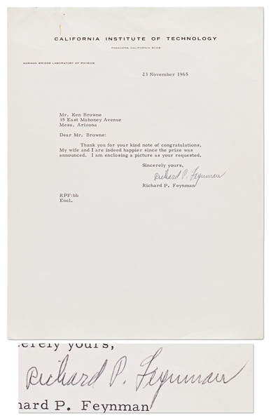 Richard Feynman Letter Signed from 1965, the Year He Won the Nobel Prize in Physics -- With JSA COA