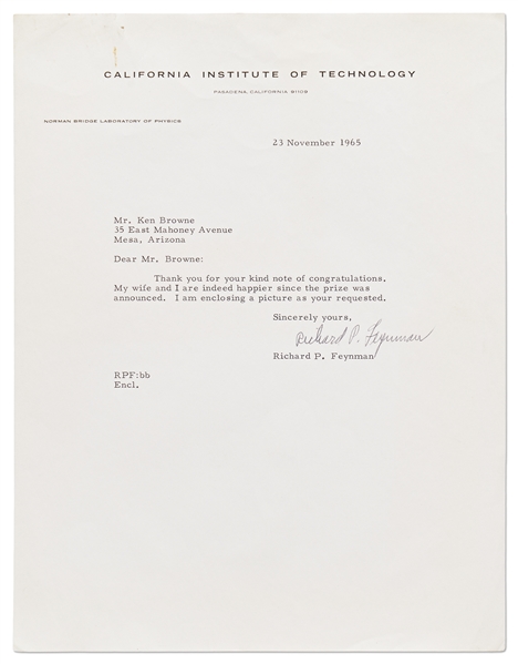 Richard Feynman Letter Signed from 1965, the Year He Won the Nobel Prize in Physics -- With JSA COA