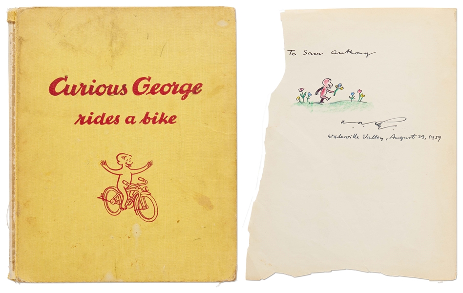 H.A. Rey Signed First Edition of ''Curious George Rides a Bike'' with Rey Also Drawing an Illustration of the Curious Monkey