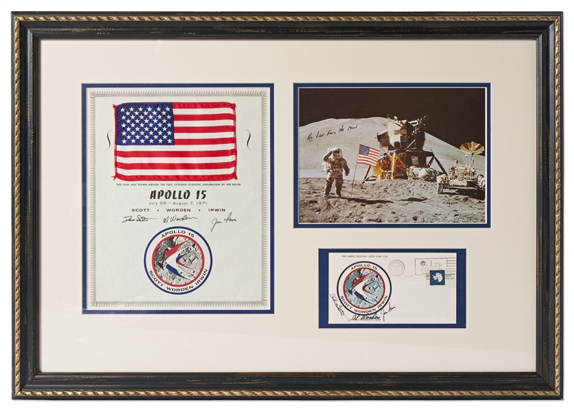 Apollo 15 Space Flown Flag, on NASA Certificate Signed by the Crew -- Framed with Apollo 15 Crew-Signed First Day Cover -- From the Personal Collection of Astronaut James Irwin