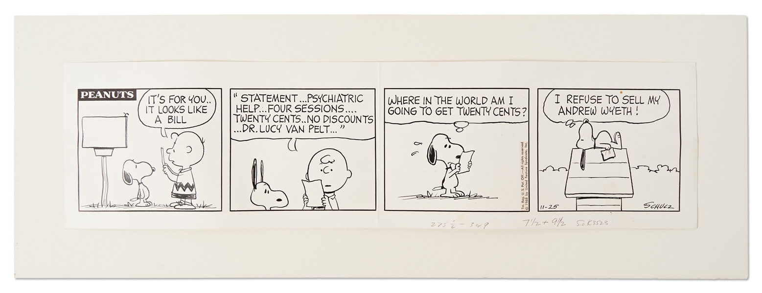 Original Charles Schulz Hand-Drawn ''Peanuts'' Comic Strip from 1968 Starring Snoopy & Charlie Brown -- With Mention of Lucy's Psychiatric Sessions & One of Schulz's Favorite Artists, Andrew Wyeth