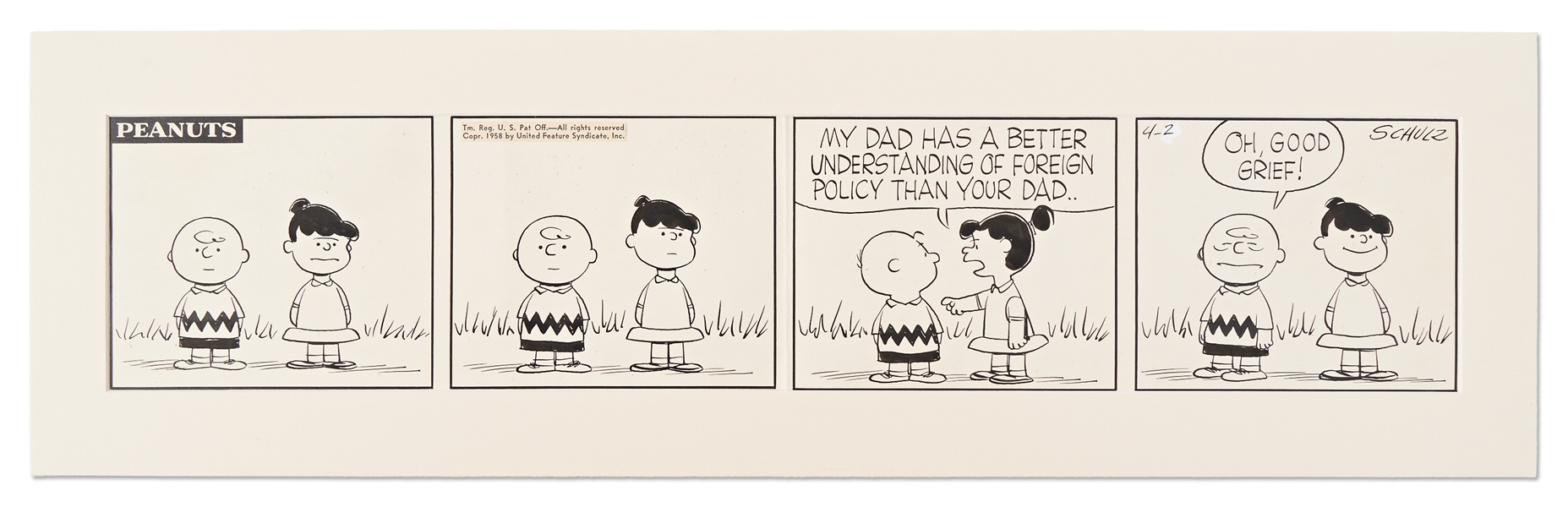 Original Charles Schulz Hand-Drawn ''Peanuts'' Comic Strip from 1958 -- ''Oh, Good Grief!''