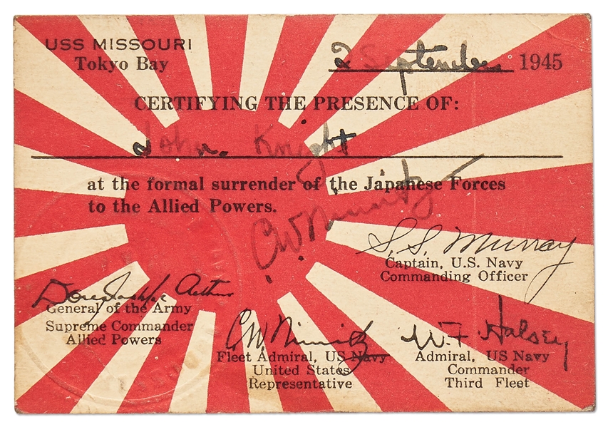 Chester W. Nimitz Signed WWII Instrument of Surrender Ceremony Card -- The Ceremony that Ended War with Japan
