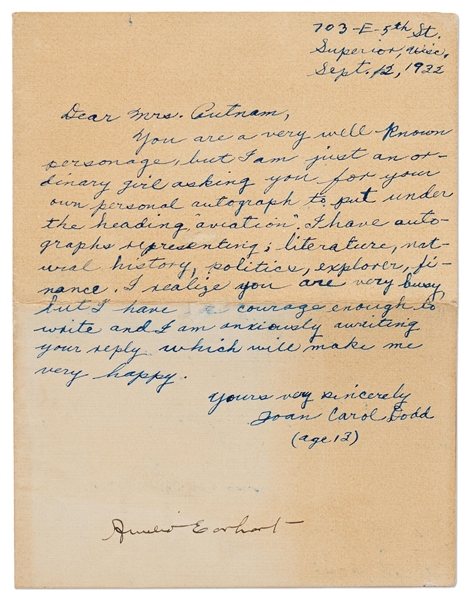 Amelia Earhart Signature from 1932 -- Earhart Responds to a Young Girl Requesting Her Autograph