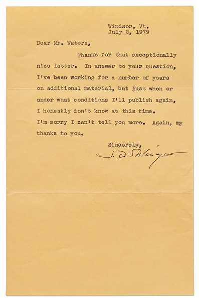 J.D. Salinger Letter Signed Regarding Publishing After ''Catcher in the Rye''