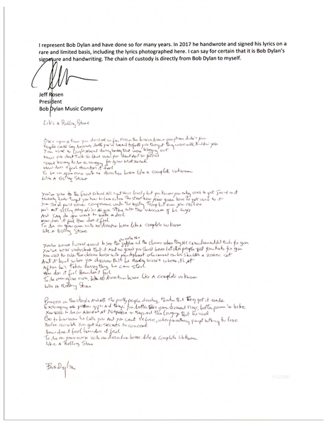 Bob Dylan Signed, Handwritten Lyrics to ''Like a Rolling Stone'', The Quintessential Rock Song -- With Jeff Rosen COA