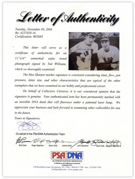 Ted Williams Signed 14'' x 11'' Photo Posing With DiMaggio -- With PSA/DNA COA