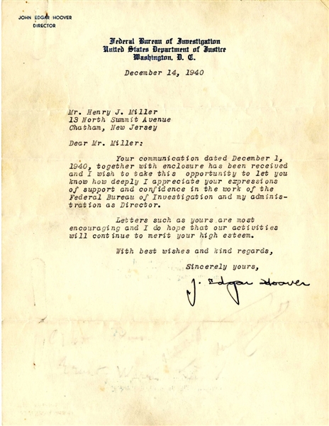 J. Edgar Hoover Letter Signed as FBI Director