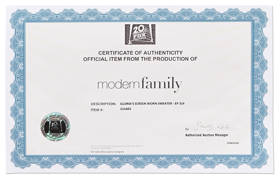 Sofia Vergara Screen-Worn Sweater From ''Modern Family'' -- With COA From 20th Century Fox Television