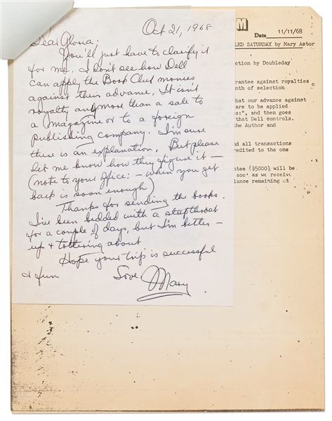 Mary Astor Autograph Letter Signed -- Regarding Astor's Book, ''A Place Called Saturday''