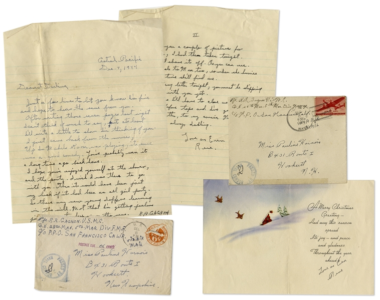 Rene Gagnon Signed Christmas Card & Autograph Letter Signed 3 Times -- From The Central Pacific 2 Months Before Iwo Jima